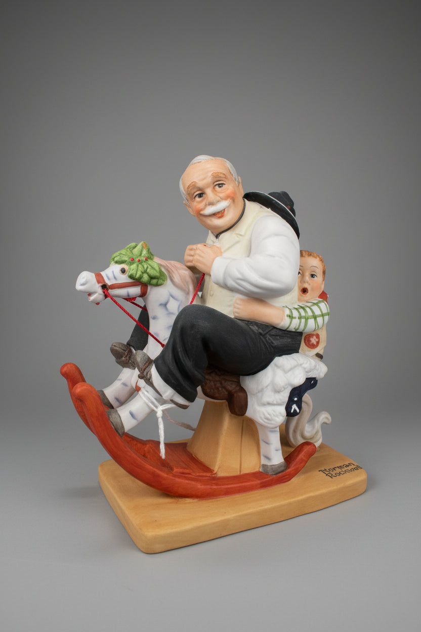 Norman Rockwell un Abuelo (Gramps) montando un caballo de juguete, con un niño pequeño en su regazo