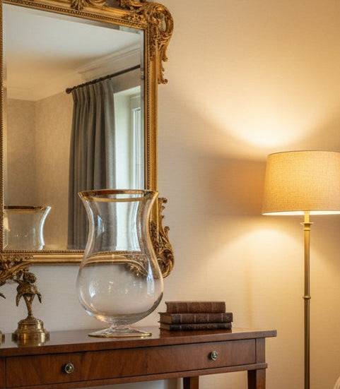 Florero-Jarron – Vidrio Transparente con Borde Dorado