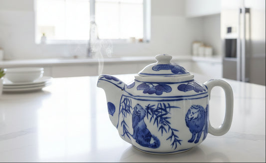 Tetera vintage de porcelana azul y blanca presenta un diseño elegante de perros y árboles frutales, complementada por una forma de flor.