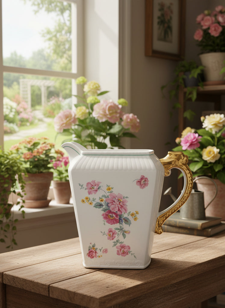 Jarra vintage Harker Pottery con flores y asa dorada