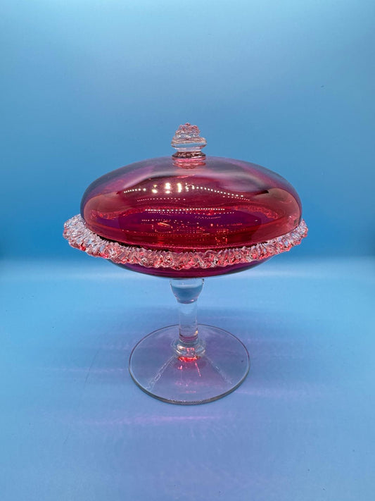 Bombonera de Cristal Cranberry con Tapa Transparente