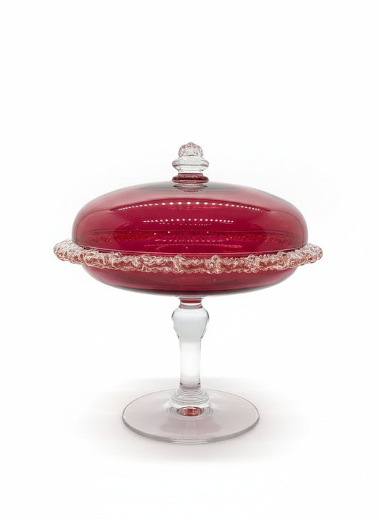 Bowl Vintage Cristal Ruby con Pedestal (Bombonera)