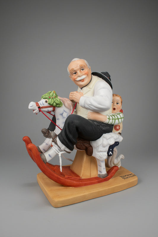 Norman Rockwell un Abuelo (Gramps) montando un caballo de juguete, con un niño pequeño en su regazo