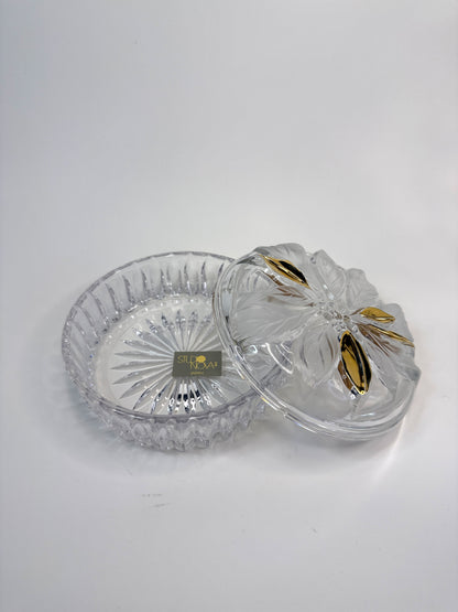 Bombonera de Vidrio con Flores y Detalles Dorados