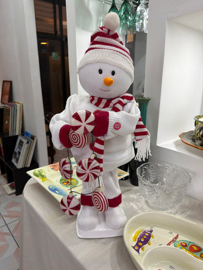 Muñeco de Nieve de felpa de 70 cm con luces integradas, sombrero y bufanda a rayas rojas y blancas.