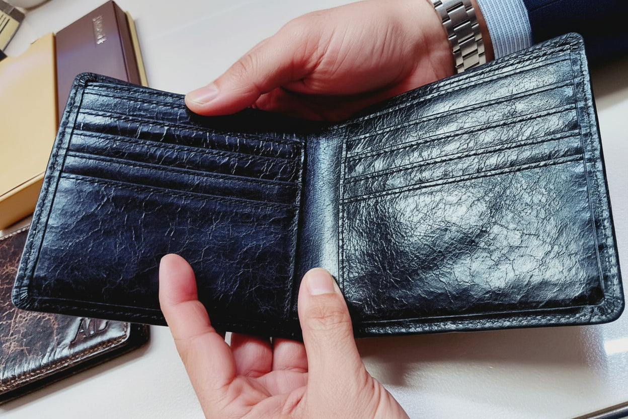 Billeteras bifold de cuero genuino con acabado vintage