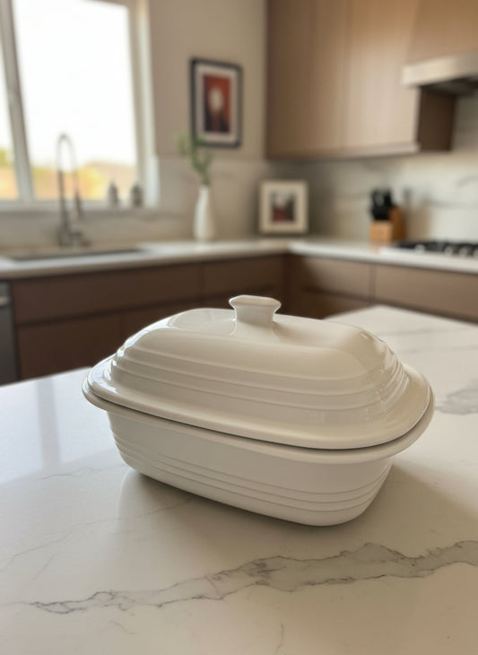 Cazuela de piedra cerámica – Pampered Chef con tapa incluida Forma rectangular / exterior blanco satinado / interior sin esmaltar