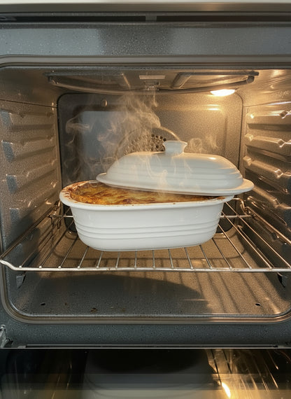 Cazuela de piedra cerámica – Pampered Chef con tapa incluida Forma rectangular / exterior blanco satinado / interior sin esmaltar