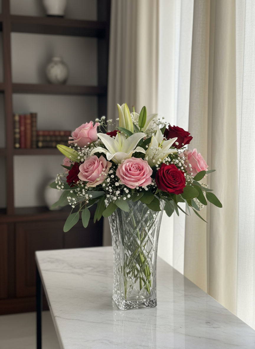 Jarrón Toyo-Sasaki Garnish Flower, elaborado en cristal prensado de alta transparencia con corte diamante en patrón vertical.