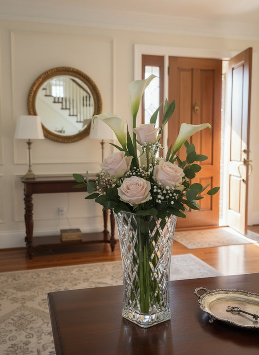 Jarrón Toyo-Sasaki Garnish Flower, elaborado en cristal prensado de alta transparencia con corte diamante en patrón vertical.