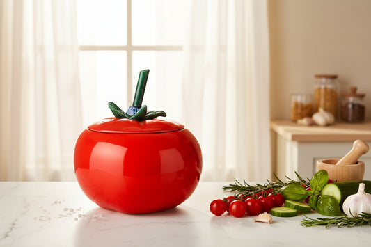 Galletero  de cerámica McCoy para galletas con diseño de tomate y tapa incluida.