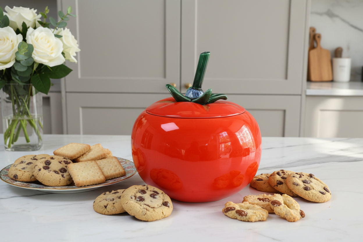 Galletero  de cerámica McCoy para galletas con diseño de tomate y tapa incluida.