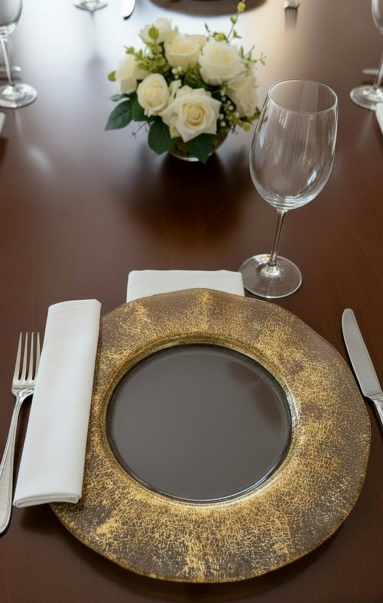 Plato Base de Cristal 13" con Borde Dorado (Baja plato)