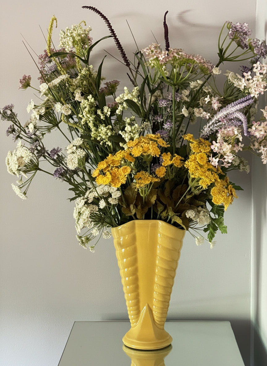 Arreglo floral con Jarrón Vintage Shawnee USA 809 – Amarillo con Líneas Deco