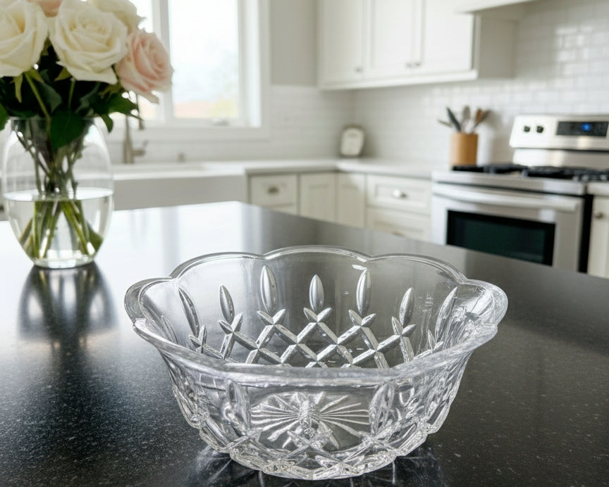 Elegante bowl centro de mesa Gorham King Edward en cristal de alta calidad con plomo transparente.