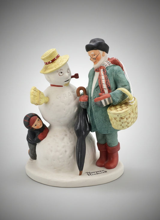 Norman Rockwell representa a un niño escondido detrás de un muñeco de nieve que tiene la palabra "GRANPA" grabada en el pecho, mientras el abuelo real se encuentra a su lado.