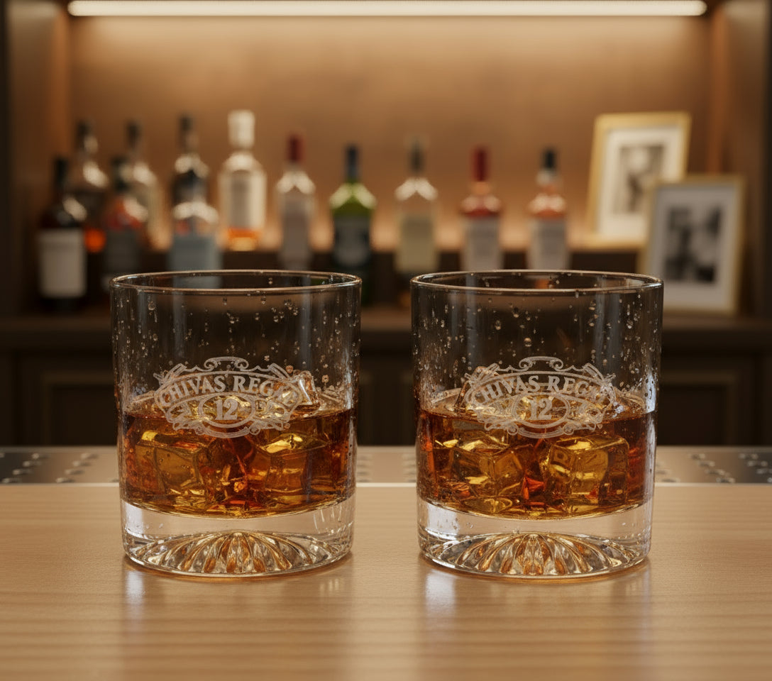 Vaso de cristal para whisky Chivas Regal 12 años. Diseño clásico ideal para coleccionistas o para servir bebidas con elegancia.