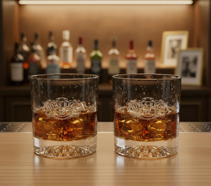 Vaso de cristal para whisky Chivas Regal 12 años. Diseño clásico ideal para coleccionistas o para servir bebidas con elegancia.
