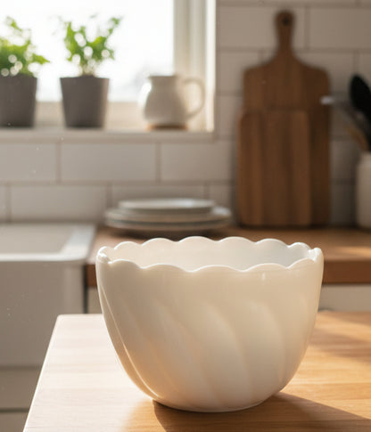 Bowl de vidrio blanco con leche presenta un diseño festoneado, ideal para servir dulces. Con un diámetro de 14 cm y una altura de 12 cm,