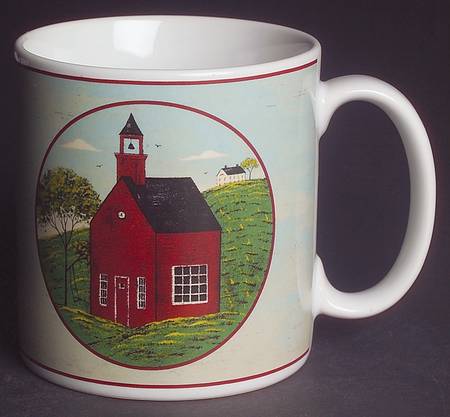 La taza de café o té Vintage 1998 SAKURA de Warren Kimble presenta un diseño de granero rojo, que refleja la estética primitiva.