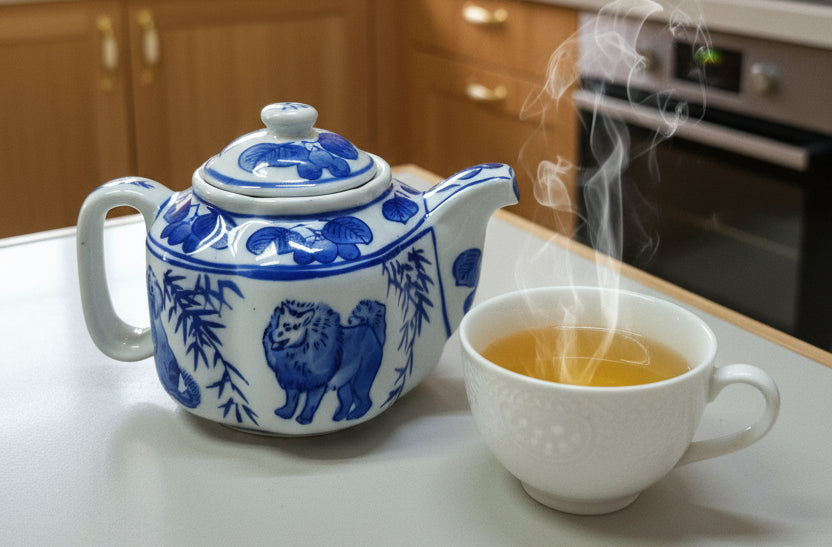 Tetera vintage de porcelana azul y blanca presenta un diseño elegante de perros y árboles frutales, complementada por una forma de flor.