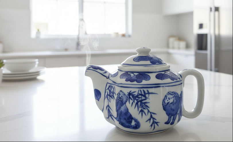 Tetera vintage de porcelana azul y blanca presenta un diseño elegante de perros y árboles frutales, complementada por una forma de flor.